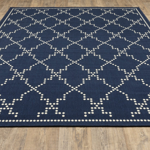 HomeRoots 5' Indoor Outdoor Geometric Area Rug - Stain Resistant Blue and Ivory Design for Versatile Spaces Navy/ Ivory 8'6" x 13' 507074