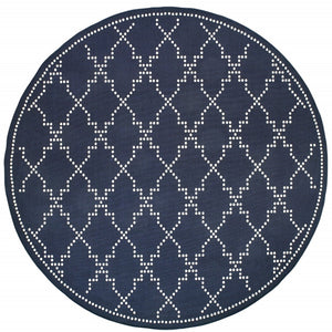 HomeRoots 5' Indoor Outdoor Geometric Area Rug - Stain Resistant Blue and Ivory Design for Versatile Spaces Navy/ Ivory 7'10" Round 507075