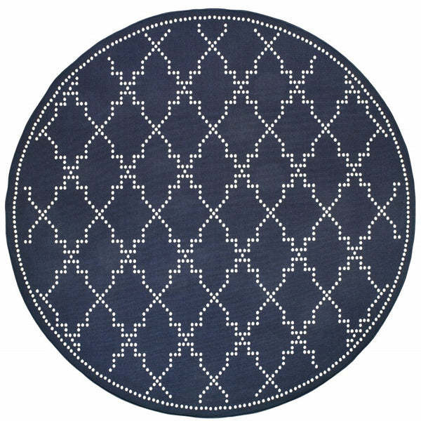HomeRoots 5' Indoor Outdoor Geometric Area Rug - Stain Resistant Blue and Ivory Design for Versatile Spaces Navy/ Ivory 7'10" Round 507075