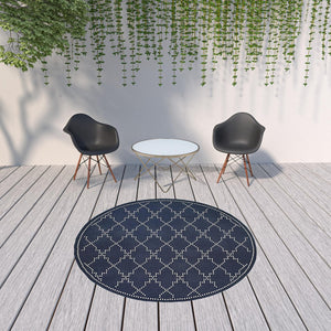 HomeRoots 5' Indoor Outdoor Geometric Area Rug - Stain Resistant Blue and Ivory Design for Versatile Spaces Navy/ Ivory 7'10" Round 507075