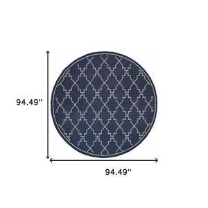 HomeRoots 5' Indoor Outdoor Geometric Area Rug - Stain Resistant Blue and Ivory Design for Versatile Spaces Navy/ Ivory 7'10" Round 507075