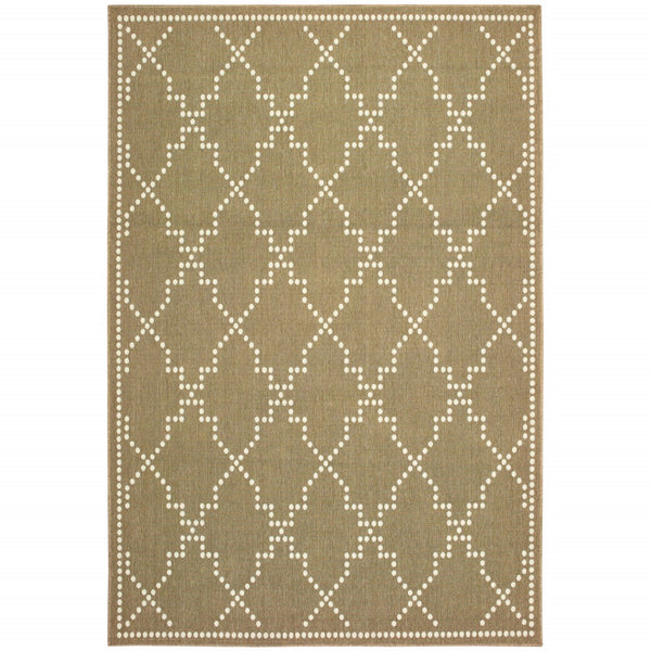 HomeRoots 5' Indoor Outdoor Geometric Area Rug - Stain Resistant Blue and Ivory Design for Versatile Spaces Tan/ Ivory 5'3" x 7'6" 507080