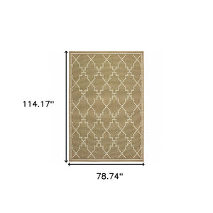 HomeRoots 5' Indoor Outdoor Geometric Area Rug - Stain Resistant Blue and Ivory Design for Versatile Spaces Tan/ Ivory 6'7" x 9'6" 507081