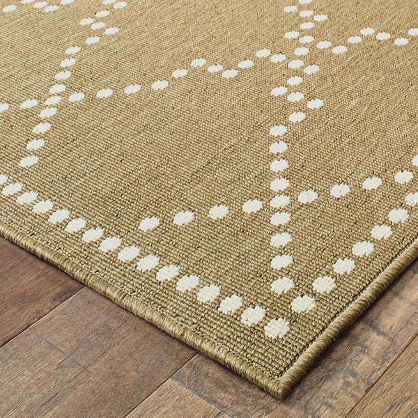 HomeRoots 5' Indoor Outdoor Geometric Area Rug - Stain Resistant Blue and Ivory Design for Versatile Spaces Tan/ Ivory 7'10" x 10'10" 507082