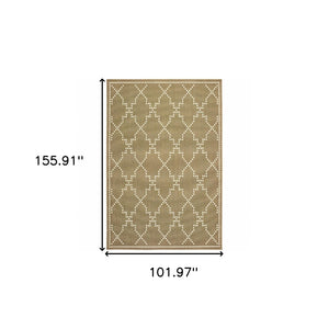 HomeRoots 5' Indoor Outdoor Geometric Area Rug - Stain Resistant Blue and Ivory Design for Versatile Spaces Tan/ Ivory 8'6" x 13' 507083
