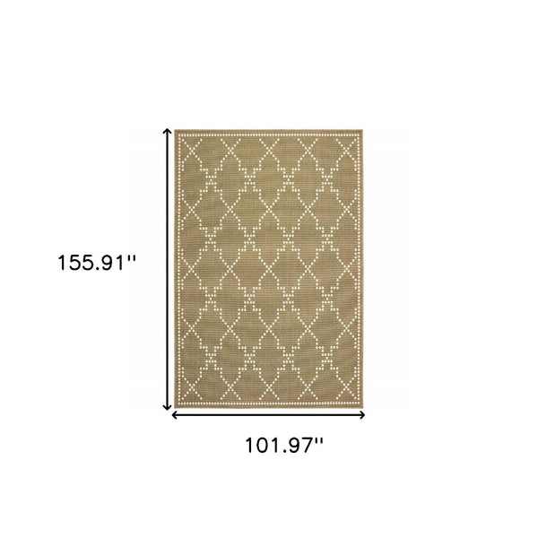 HomeRoots 5' Indoor Outdoor Geometric Area Rug - Stain Resistant Blue and Ivory Design for Versatile Spaces Tan/ Ivory 8'6" x 13' 507083