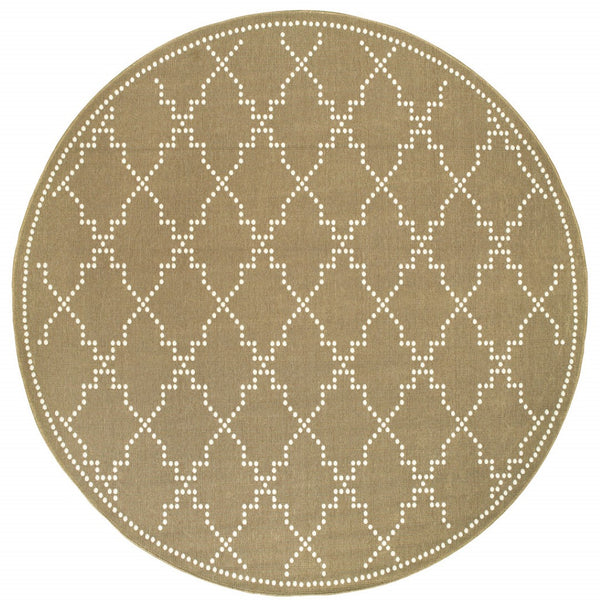 HomeRoots 5' Indoor Outdoor Geometric Area Rug - Stain Resistant Blue and Ivory Design for Versatile Spaces Tan/ Ivory 7'10" Round 507084