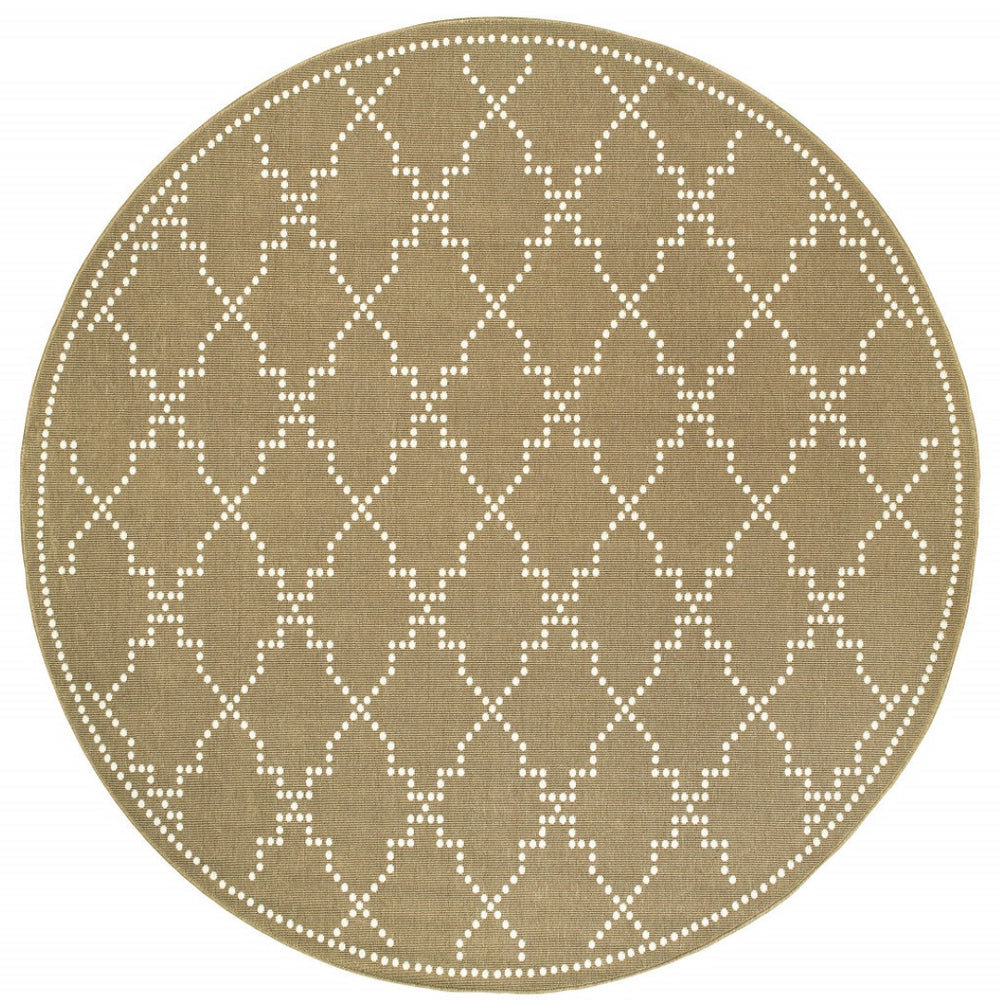 HomeRoots 5' Indoor Outdoor Geometric Area Rug - Stain Resistant Blue and Ivory Design for Versatile Spaces Tan/ Ivory 7'10" Round 507084