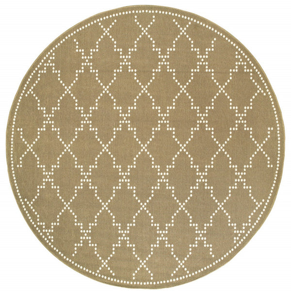 HomeRoots 5' Indoor Outdoor Geometric Area Rug - Stain Resistant Blue and Ivory Design for Versatile Spaces Tan/ Ivory 7'10" Round 507084