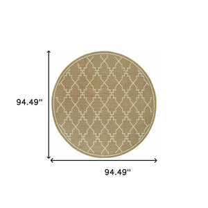 HomeRoots 5' Indoor Outdoor Geometric Area Rug - Stain Resistant Blue and Ivory Design for Versatile Spaces Tan/ Ivory 7'10" Round 507084