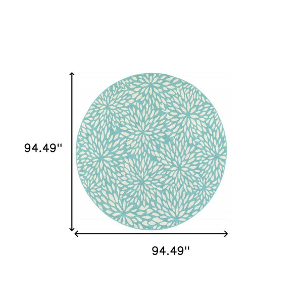 HomeRoots 5' Blue and Ivory Floral Area Rug – Stain Resistant, Durable Design for Indoor and Outdoor Spaces 7'10" Round 507092