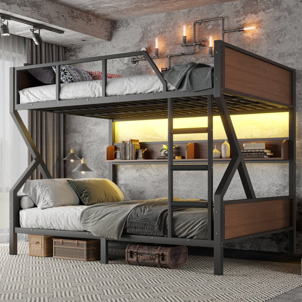 English Elm Queen Over Solid Pine Bunk Bed with Built in Shelves and Tray for Guest Rooms W5305S00013