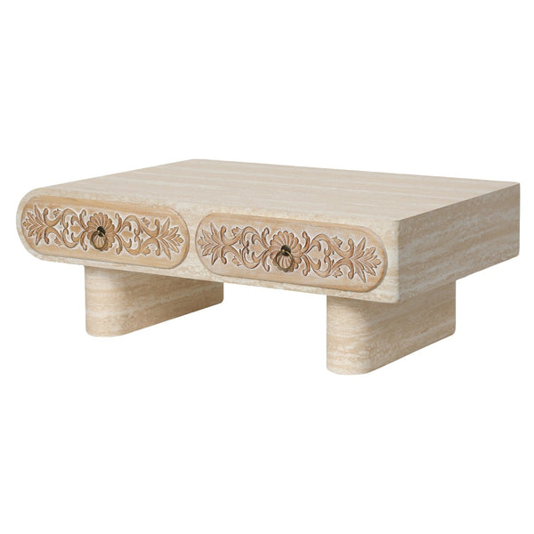 English Elm Rounded Edge Coffee Table Solid Wood Engraved Drawer Modern Living Room Storage W3040P428686