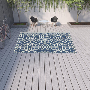 HomeRoots 5' Blue and Ivory Geometric Area Rug – Stain Resistant, Stylish Design for High-Traffic Spaces 8'6" x 13' 507107