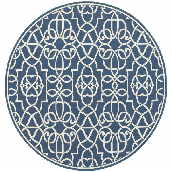 HomeRoots 5' Blue and Ivory Geometric Area Rug – Stain Resistant, Stylish Design for High-Traffic Spaces 7'10" Round 507108