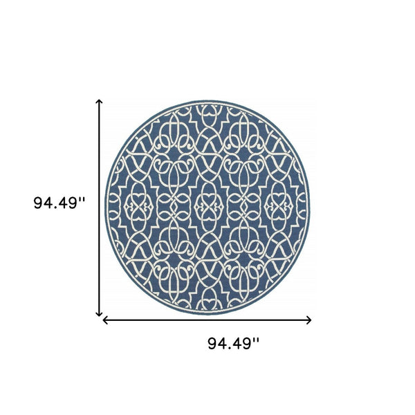 HomeRoots 5' Blue and Ivory Geometric Area Rug – Stain Resistant, Stylish Design for High-Traffic Spaces 7'10" Round 507108