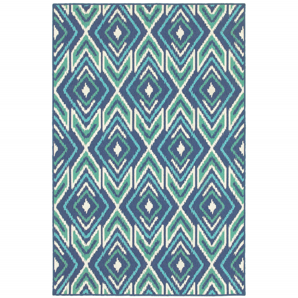 Homeroots 4' Blue And Ivory Geometric Area Rug - Stain Resistant Indoor/Outdoor Design For Kid & Pet Friendly Spaces 3'7" X 5'6" Polypropylene 507111