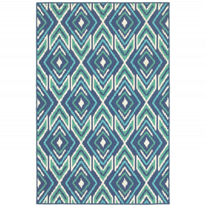HomeRoots 5' Blue and Ivory Geometric Area Rug - Stain Resistant, Indoor/Outdoor, Perfect for High Traffic Areas 6'7" x 9'6" 507113