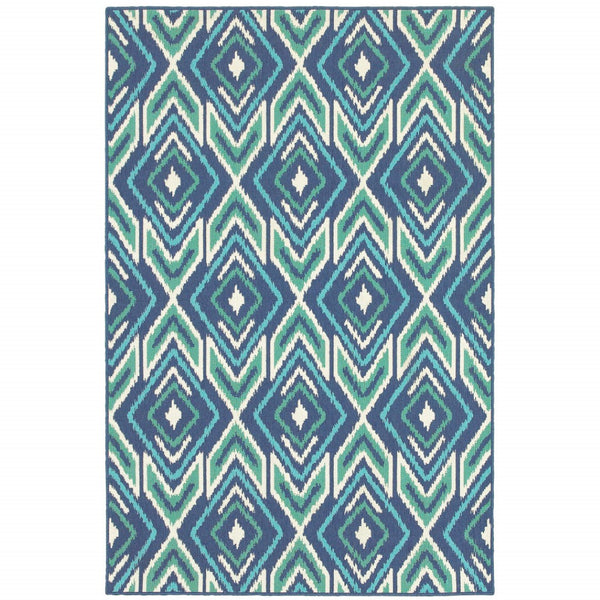 HomeRoots 5' Blue and Ivory Geometric Area Rug - Stain Resistant, Indoor/Outdoor, Perfect for High Traffic Areas 6'7" x 9'6" 507113