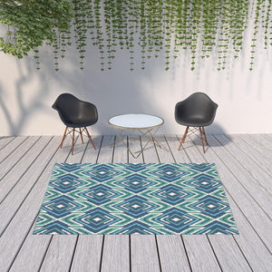 HomeRoots 5' Blue and Ivory Geometric Area Rug - Stain Resistant, Indoor/Outdoor, Perfect for High Traffic Areas 6'7" x 9'6" 507113