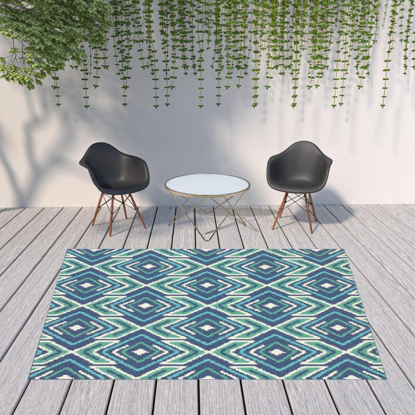 HomeRoots 5' Blue and Ivory Geometric Area Rug - Stain Resistant, Indoor/Outdoor, Perfect for High Traffic Areas 7'10" x 10'10" 507114