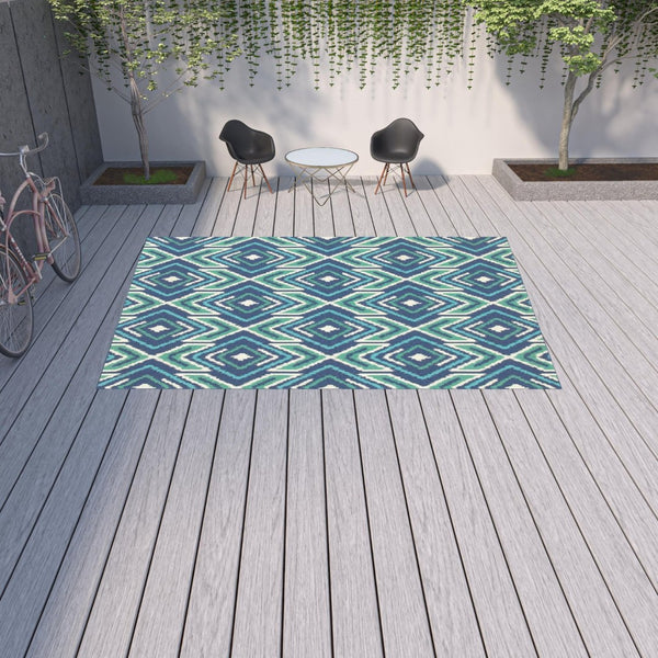 HomeRoots 5' Blue and Ivory Geometric Area Rug - Stain Resistant, Indoor/Outdoor, Perfect for High Traffic Areas 8'6" x 13' 507115