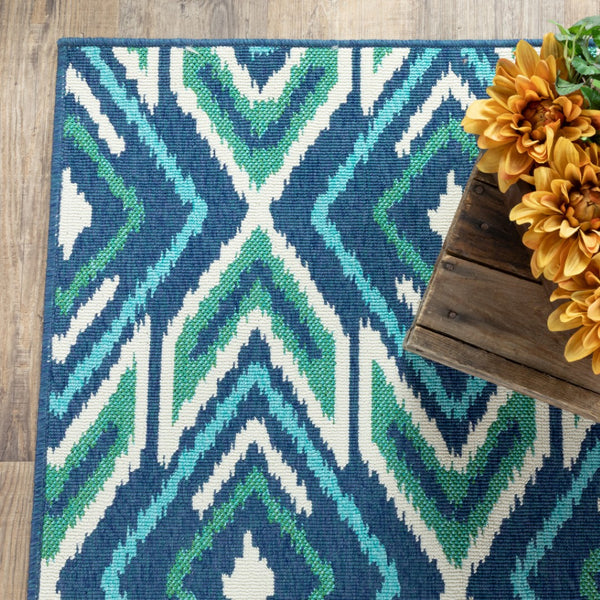 HomeRoots 5' Blue and Ivory Geometric Area Rug - Stain Resistant, Indoor/Outdoor, Perfect for High Traffic Areas 8'6" x 13' 507115