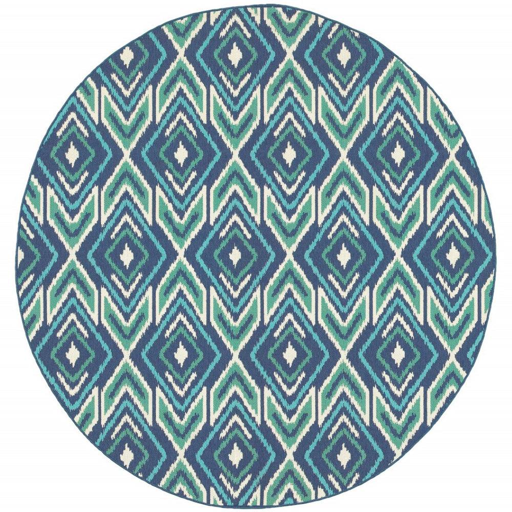 HomeRoots 5' Blue and Ivory Geometric Area Rug - Stain Resistant, Indoor/Outdoor, Perfect for High Traffic Areas 7'10" Round 507116