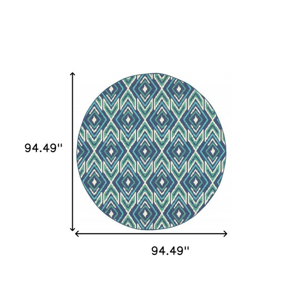HomeRoots 5' Blue and Ivory Geometric Area Rug - Stain Resistant, Indoor/Outdoor, Perfect for High Traffic Areas 7'10" Round 507116