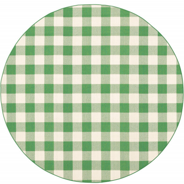 Homeroots 8' X 8' Green And Ivory Round Geometric Stain Resistant Indoor Outdoor Area Rug Green,Ivory Polypropylene 507124