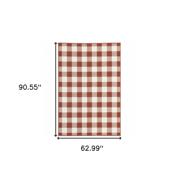 Homeroots 5' X 8' Red And Ivory Geometric Stain Resistant Indoor Outdoor Area Rug Red,Ivory Polypropylene 507128