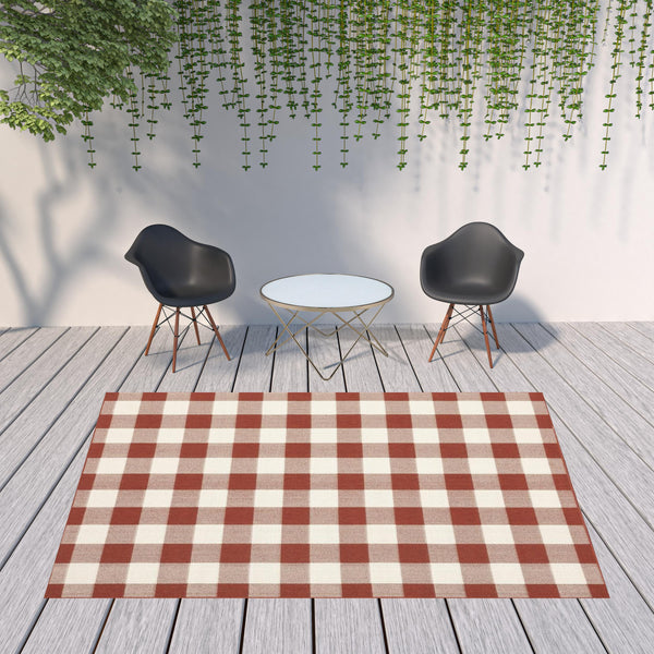Homeroots 8' X 11' Red And Ivory Geometric Stain Resistant Indoor Outdoor Area Rug Red,Ivory Polypropylene 507130