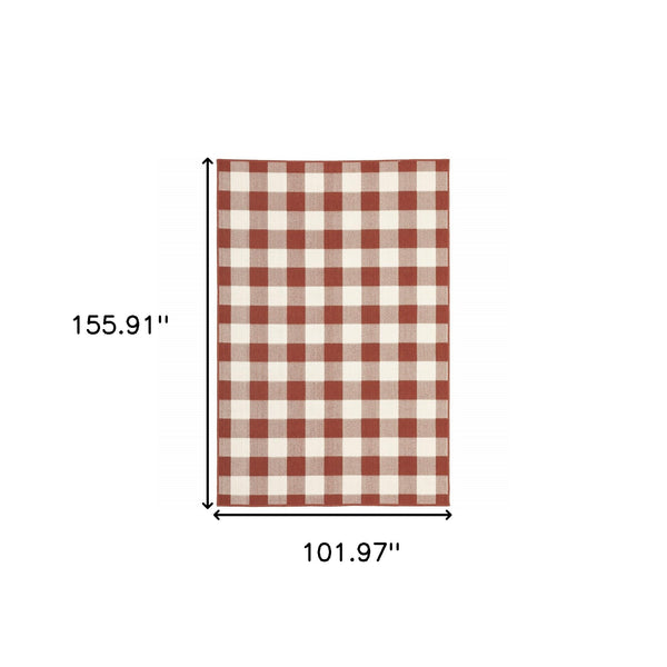 Homeroots 9' X 13' Red And Ivory Geometric Stain Resistant Indoor Outdoor Area Rug Red,Ivory Polypropylene 507131