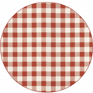 Homeroots 8' X 8' Red And Ivory Round Geometric Stain Resistant Indoor Outdoor Area Rug Red,Ivory Polypropylene 507132
