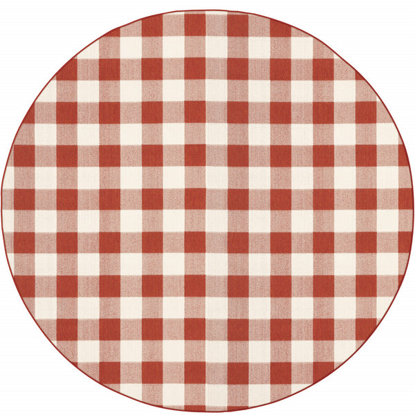 Homeroots 8' X 8' Red And Ivory Round Geometric Stain Resistant Indoor Outdoor Area Rug Red,Ivory Polypropylene 507132