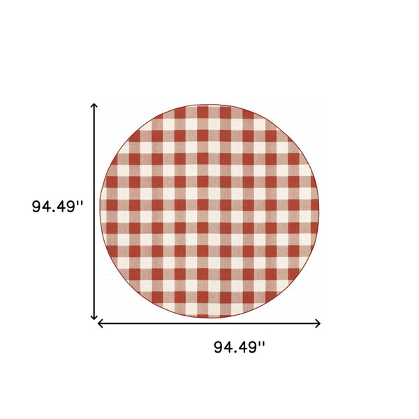 Homeroots 8' X 8' Red And Ivory Round Geometric Stain Resistant Indoor Outdoor Area Rug Red,Ivory Polypropylene 507132