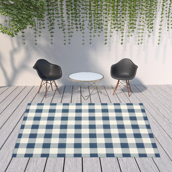 Homeroots 8' X 11' Blue And Ivory Geometric Stain Resistant Indoor Outdoor Area Rug Blue,Ivory Polypropylene 507138