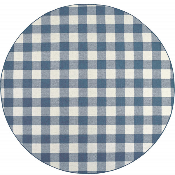 Homeroots 8' X 8' Blue And Ivory Round Geometric Stain Resistant Indoor Outdoor Area Rug Blue,Ivory Polypropylene 507140