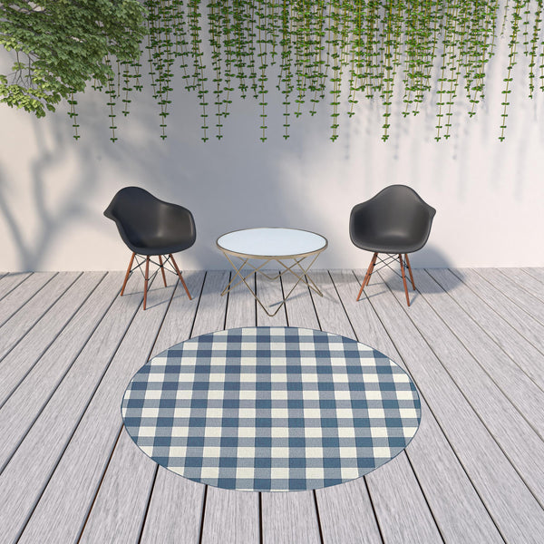 Homeroots 8' X 8' Blue And Ivory Round Geometric Stain Resistant Indoor Outdoor Area Rug Blue,Ivory Polypropylene 507140