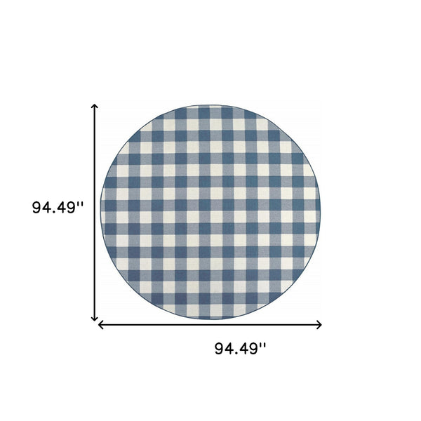 Homeroots 8' X 8' Blue And Ivory Round Geometric Stain Resistant Indoor Outdoor Area Rug Blue,Ivory Polypropylene 507140