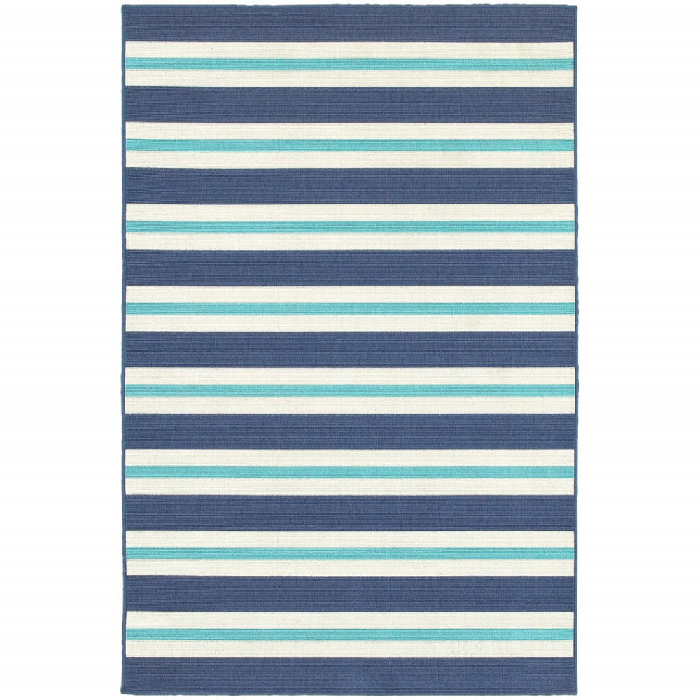 HomeRoots 5' Indoor Outdoor Geometric Area Rug - Stain Resistant, Durable, Stylish Design for High-Traffic Spaces Blue/ Ivory 5'3" x 7'6" 507144