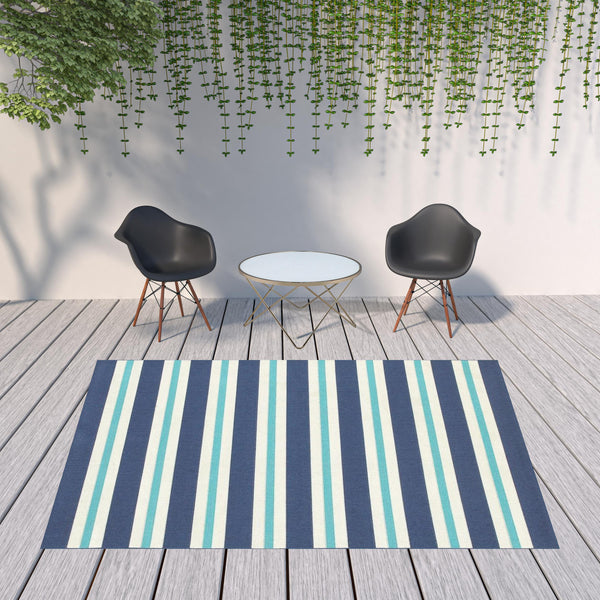 Homeroots 8' X 11' Blue And Ivory Geometric Stain Resistant Indoor Outdoor Area Rug Blue,Ivory Polypropylene 507146