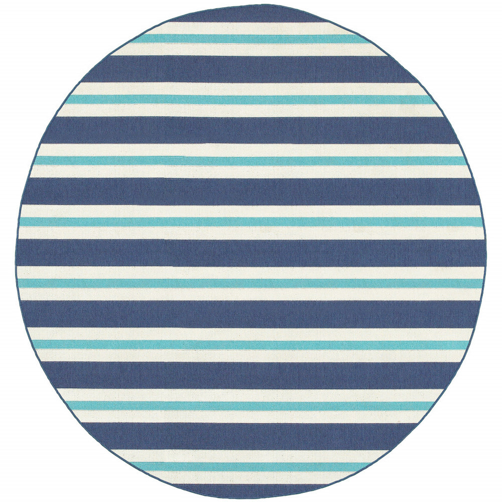 Homeroots 8' X 8' Blue And Ivory Round Geometric Stain Resistant Indoor Outdoor Area Rug Blue,Ivory Polypropylene 507148