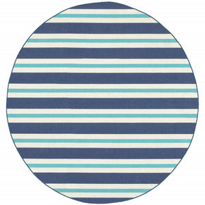 Homeroots 8' X 8' Blue And Ivory Round Geometric Stain Resistant Indoor Outdoor Area Rug Blue,Ivory Polypropylene 507148