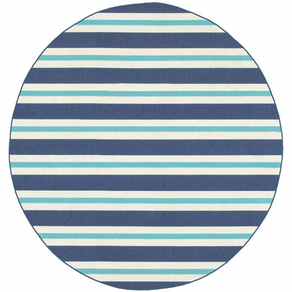 Homeroots 8' X 8' Blue And Ivory Round Geometric Stain Resistant Indoor Outdoor Area Rug Blue,Ivory Polypropylene 507148