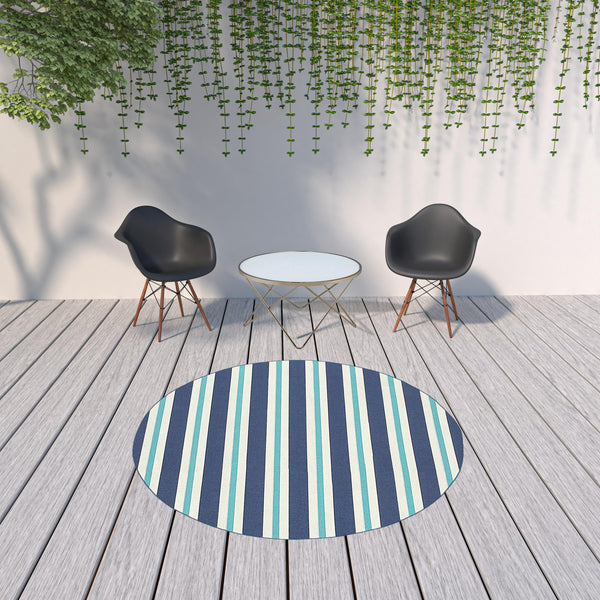 Homeroots 8' X 8' Blue And Ivory Round Geometric Stain Resistant Indoor Outdoor Area Rug Blue,Ivory Polypropylene 507148