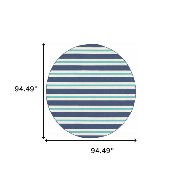 Homeroots 8' X 8' Blue And Ivory Round Geometric Stain Resistant Indoor Outdoor Area Rug Blue,Ivory Polypropylene 507148