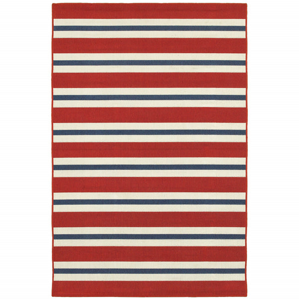 Homeroots 5' X 8' Red And Ivory Geometric Stain Resistant Indoor Outdoor Area Rug Red,Blue Polypropylene 507152