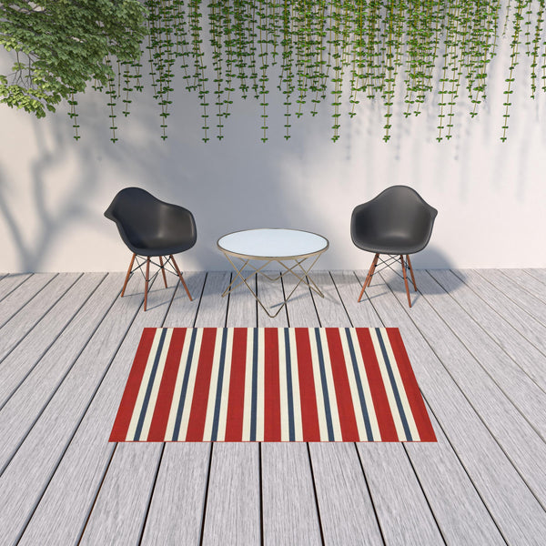 Homeroots 5' X 8' Red And Ivory Geometric Stain Resistant Indoor Outdoor Area Rug Red,Blue Polypropylene 507152