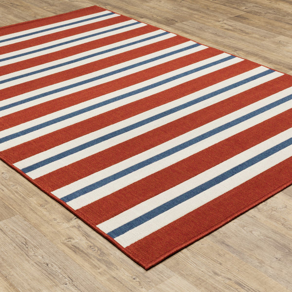Homeroots 5' X 8' Red And Ivory Geometric Stain Resistant Indoor Outdoor Area Rug Red,Blue Polypropylene 507152